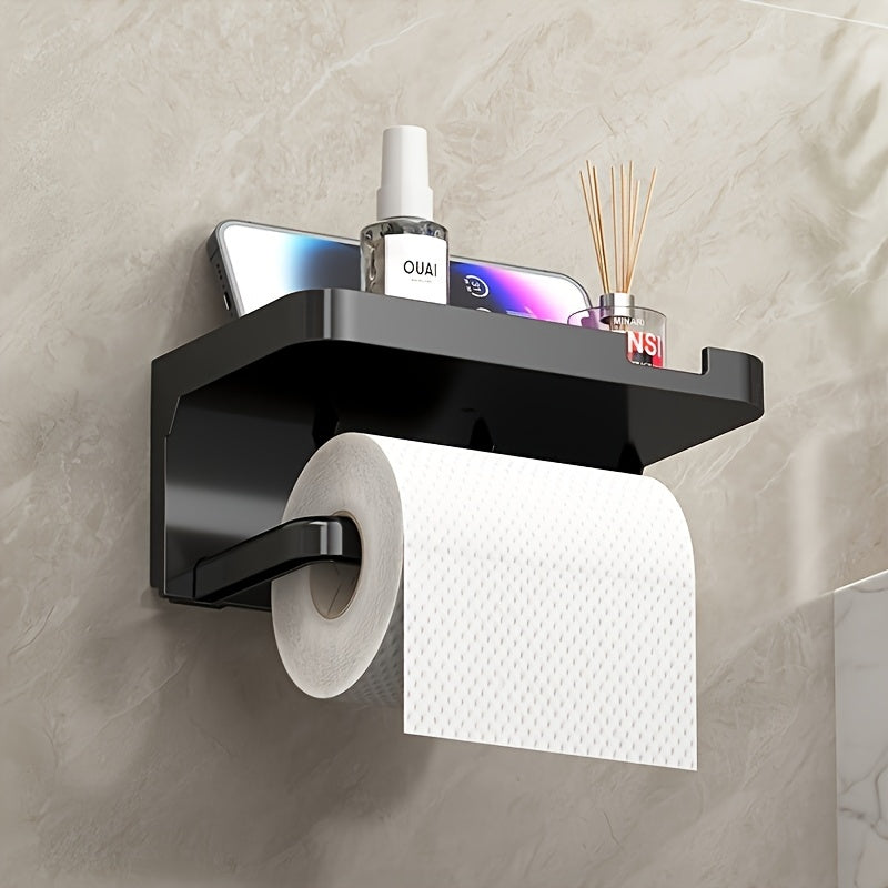 1pc Modern ABS Toilet Paper Holder with Phone Shelf - Polished Finish, Dual-Purpose Bathroom Storage, Easy No-Drill Installation