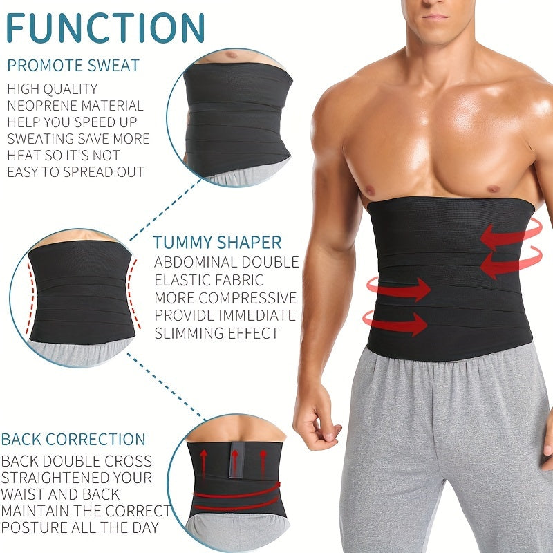 Men's slimming waist trainer belt in black, provides abdominal shaping, back support, and invisible fit.