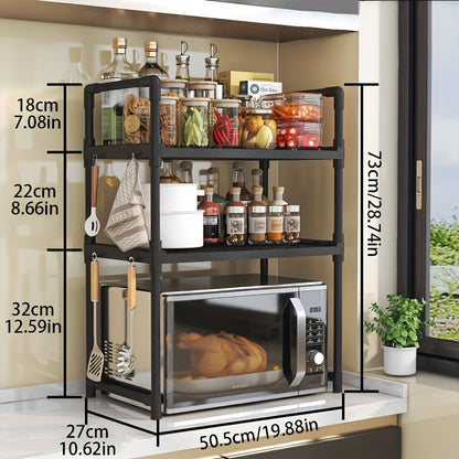 A modern kitchen storage shelf with stainless steel microwave stand and double layer, multi-layer oven rack organizer. Made with metal and plastic materials, this contemporary all-in-one piece is perfect for the dining room and requires no assembly.