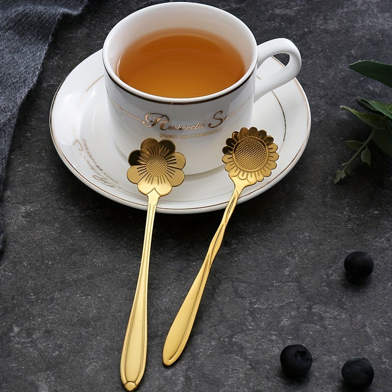 A collection of 8 flower-shaped spoons perfect for tea, coffee, ice cream, dessert, or honey. These cute spoons are made of durable stainless steel in a stylish silver and gold finish, making them a versatile addition to any kitchen utensil collection.