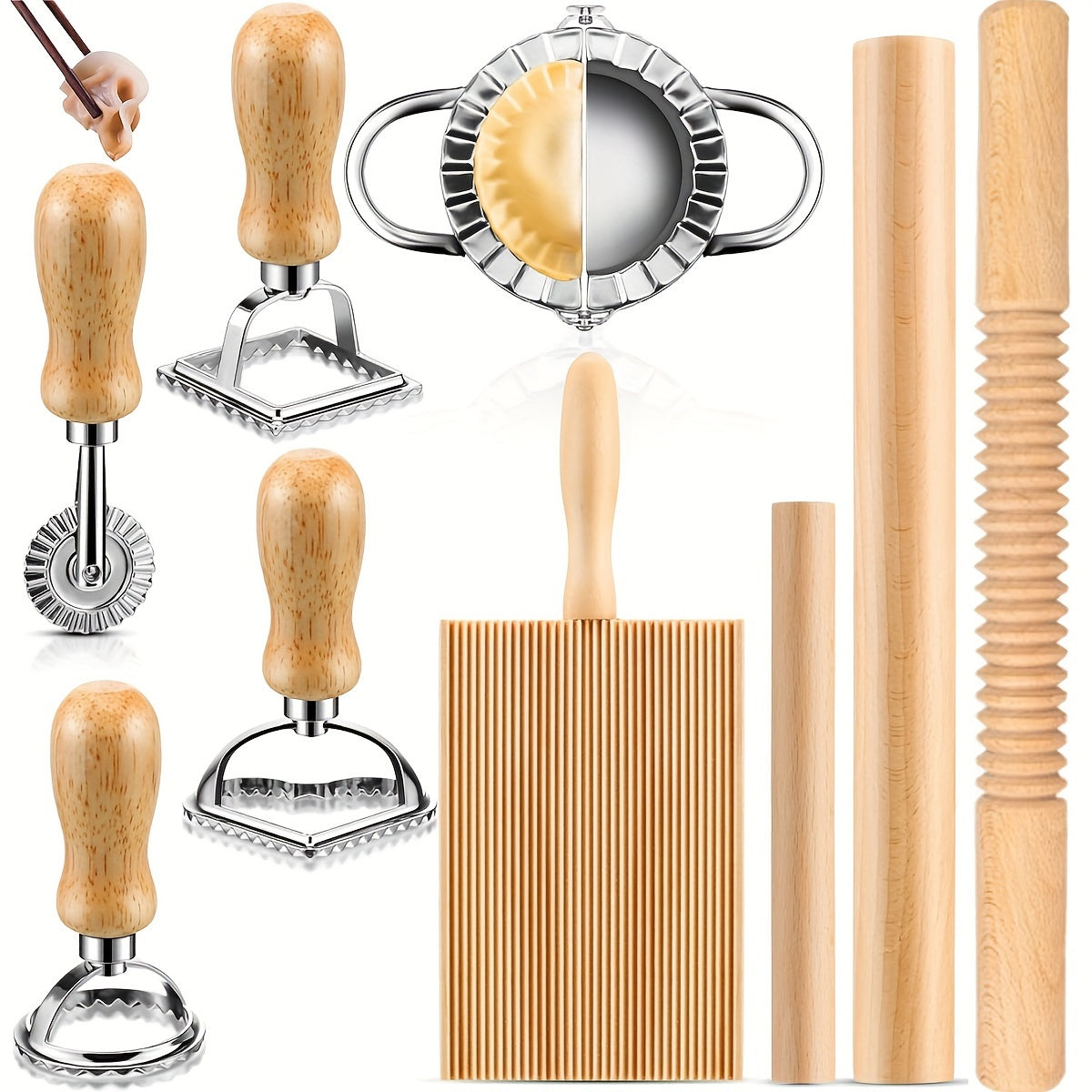 Set of 9 Pasta Making Tools Including a Wood Gnocchi Board, Noodle Cutter, Wooden Rolling Pin, and Ravioli Stamp for Homemade Pasta Maker Kitchen Kit