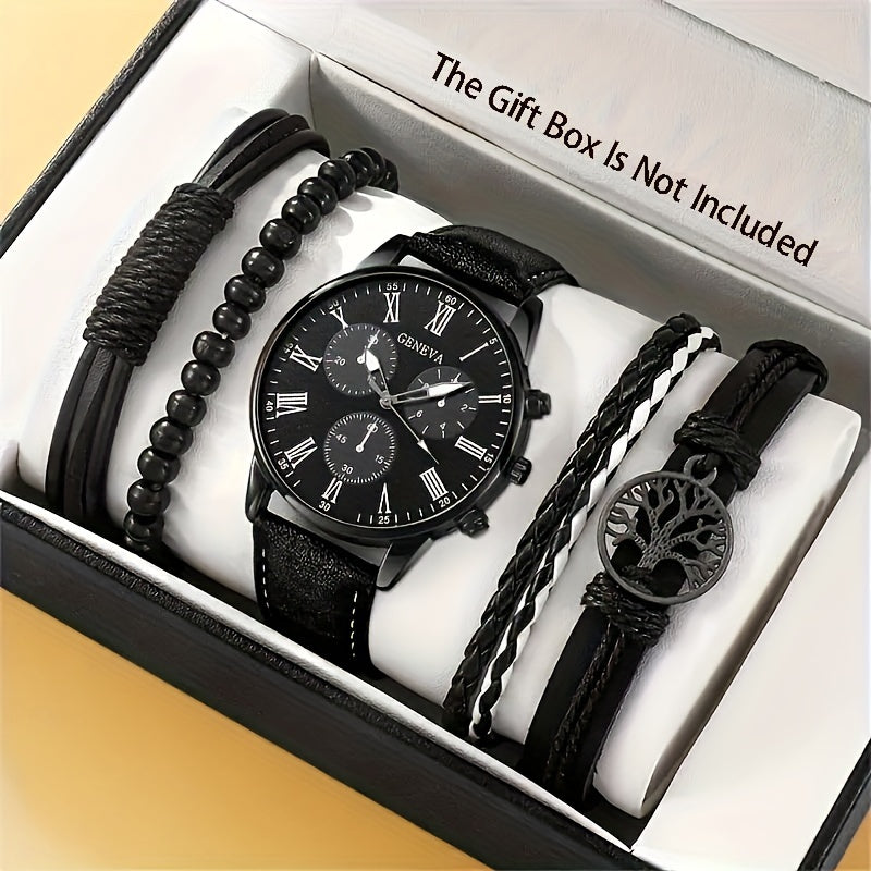 Set of 5 fashion casual men's quartz watches with PU leather straps, paired with Tree of Life jewelry. An ideal gift for any occasion.