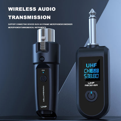 UHF XLR wireless microphone system for dynamic microphones and guitars, suitable for PA systems and audio mixers.