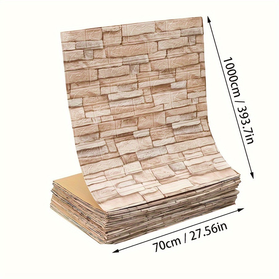 1 self-adhesive 3D foam wallpaper roll with retro brick pattern that is waterproof and oilproof, suitable for DIY furniture refurbishment in living rooms, kitchens, and bedrooms.