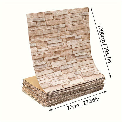 1 self-adhesive 3D foam wallpaper roll with retro brick pattern that is waterproof and oilproof, suitable for DIY furniture refurbishment in living rooms, kitchens, and bedrooms.