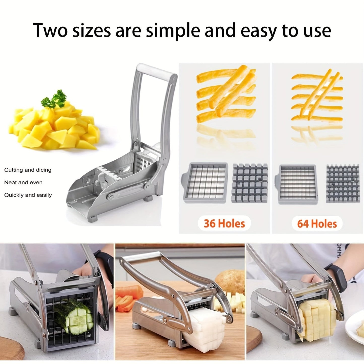 Best Choice for Holiday and Birthday Gifts: Stainless Steel French Fries Cutter with Non-Slip Grip, 1/2 Inch and 3/8 Inch Blades - Ideal for Home Kitchen or Outdoor Barbecue Cooking of Fruits, Potatoes, Radishes, Cucumbers, and Onions