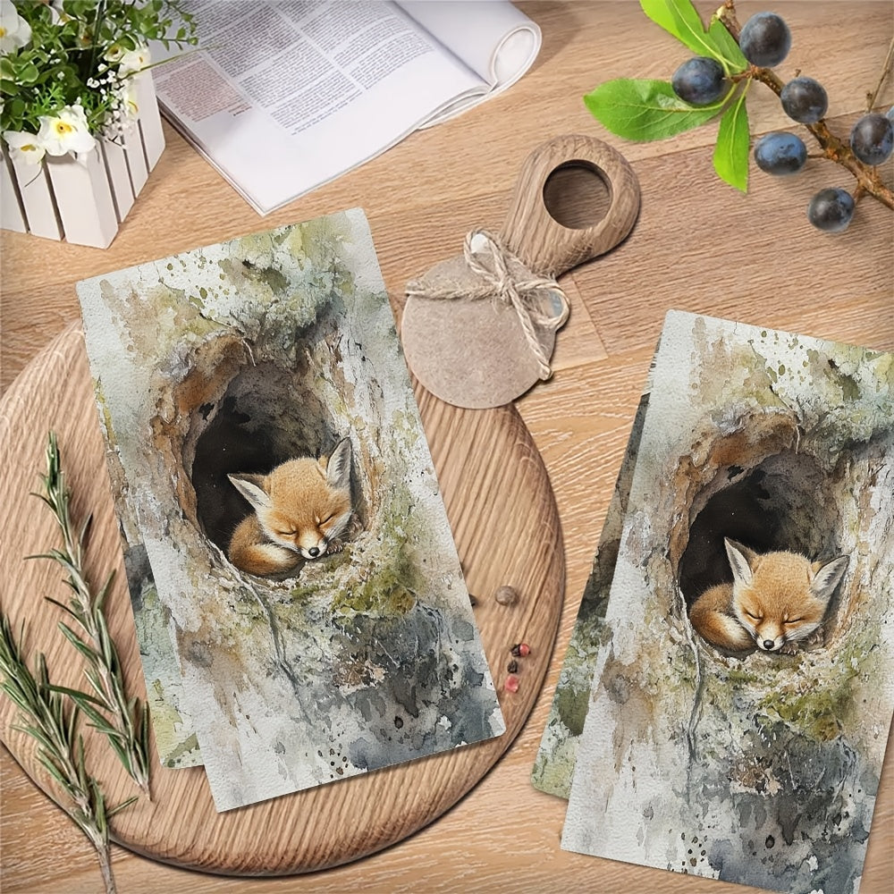 Two pieces of kitchen towels that are ultra soft and feature the soft, furry face of a baby fox exploring its den. These highly absorbent dish hand towels are perfect for holiday decor. They are machine washable and measure 16x24 inches. Item number