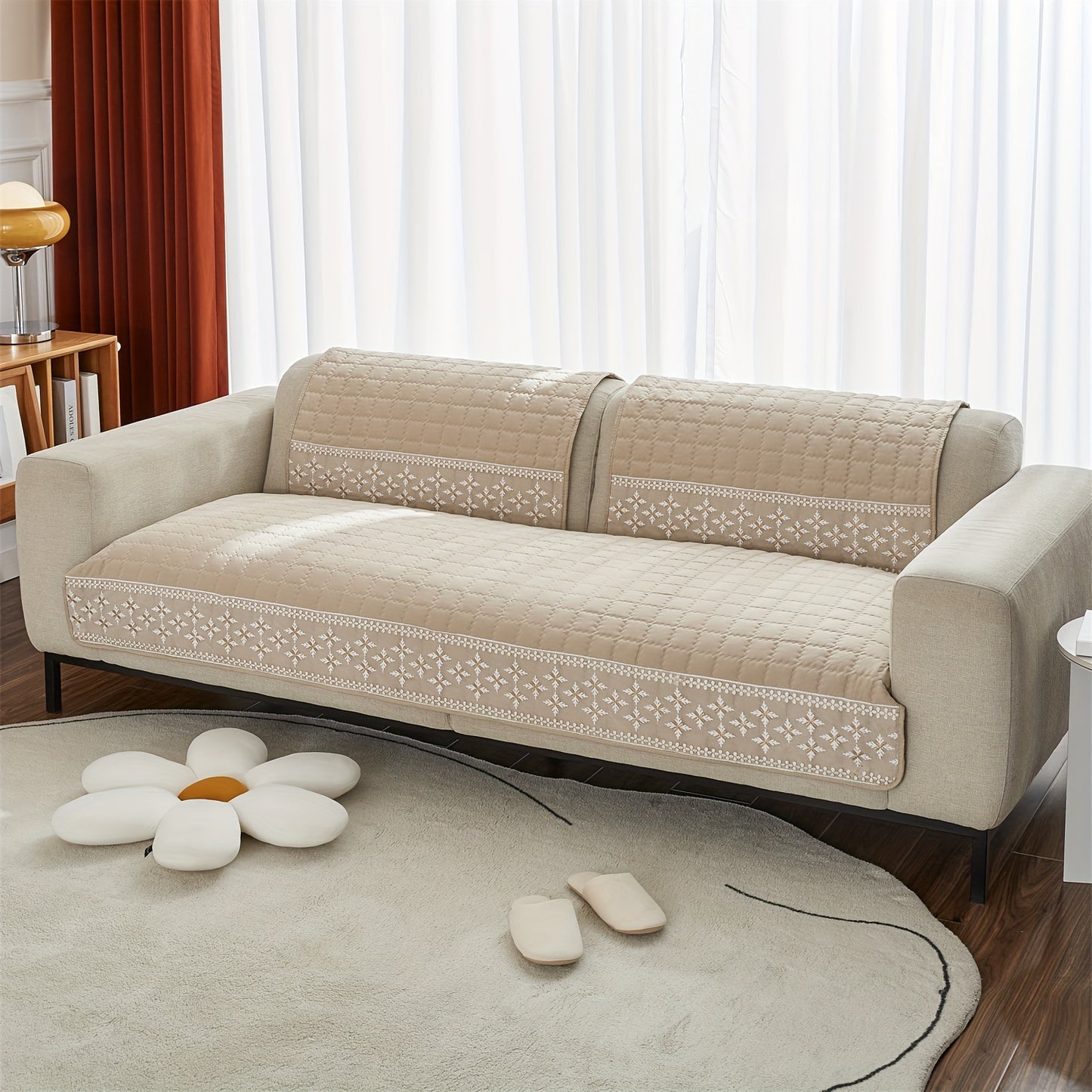 Gray velvet waffle sofa cover with lace detailing, non-slip and pet-friendly. Fits 1-4 seater sofas, machine washable.