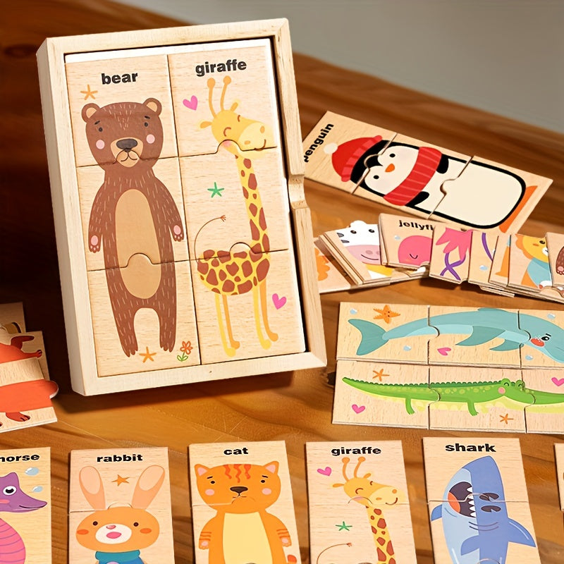 Colorful wooden animal puzzle toys teach children shapes and colors, making them a perfect gift.