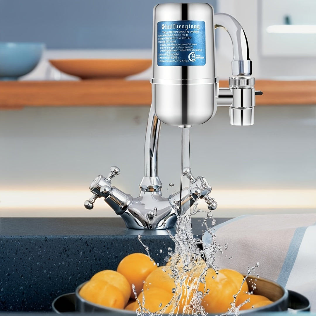 Household water purifier with electroplated finish for wholesale. Perfect for kitchen use, this faucet filter effectively filters tap water.