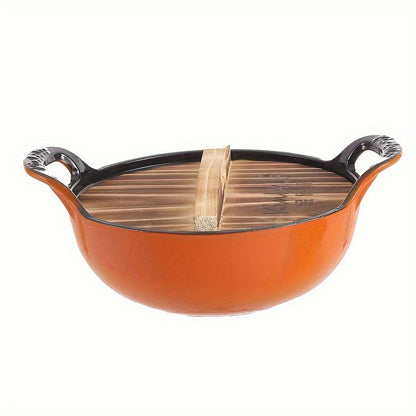 Large 47oz Enamel Cast Iron Dutch Oven with Wooden Lid - Non-Stick Coating, Great for Cooking, Baking & Storing - Perfect Present