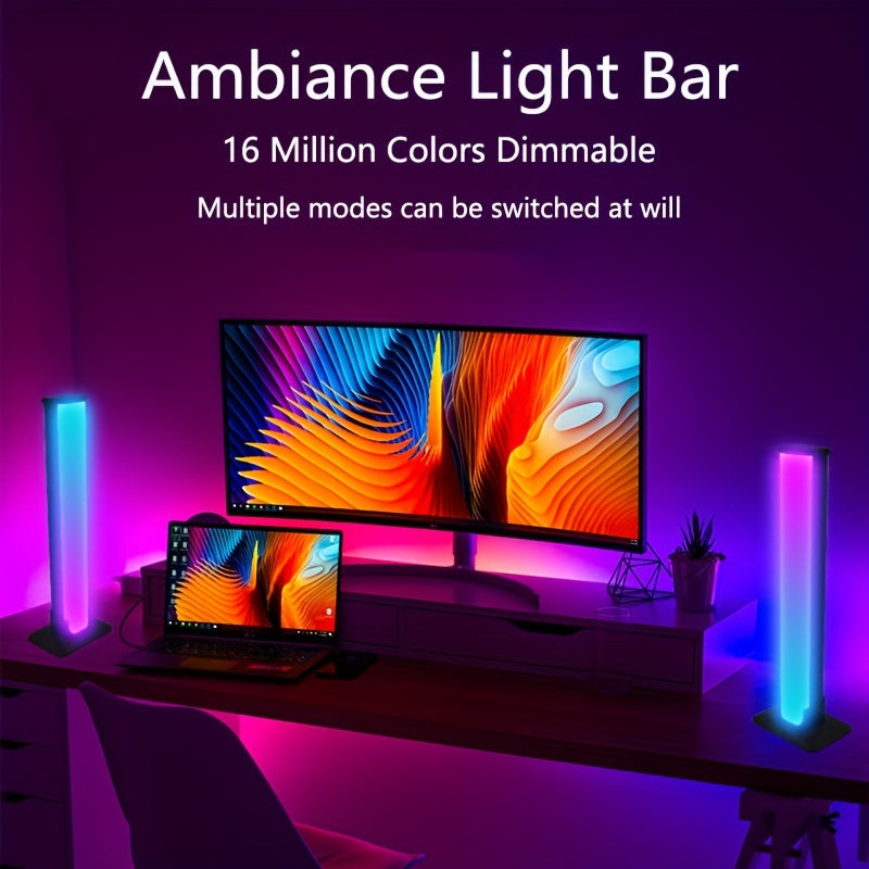 2 Smart LED light bars with RGB night light, controlled by remote and app. Syncs music for gaming TV and bedroom decoration. Also functions as a desktop lamp.