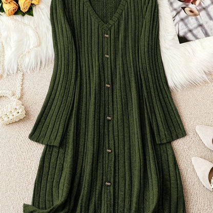 Solid color V-neck long sleeve dress made of stretchy polyester blend, perfect for casual fall/winter wear for women.