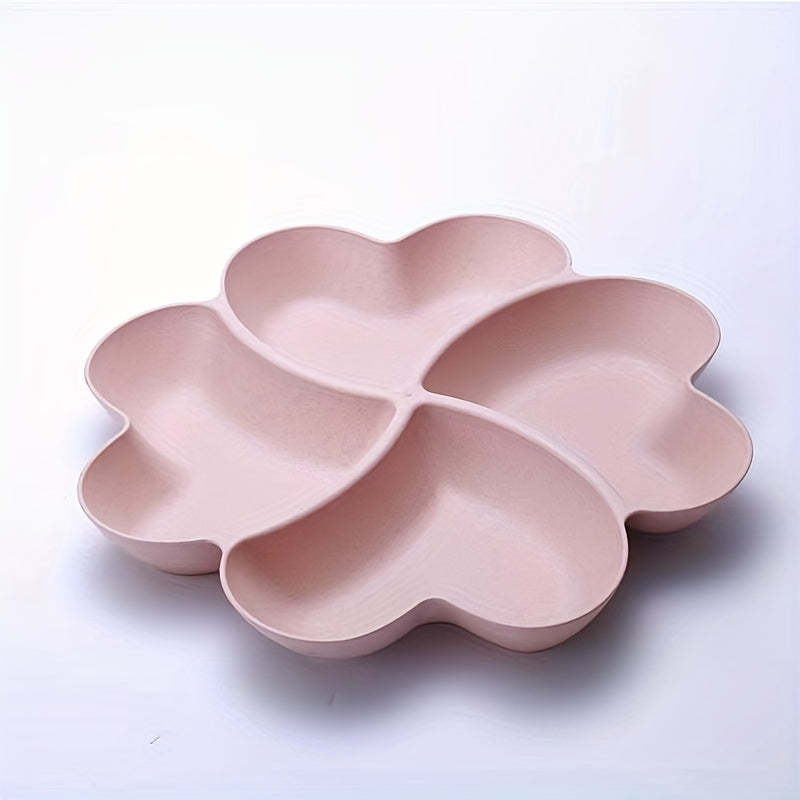 Heart-shaped divided fruit plate for home or party use, also suitable as a dessert plate or snack tray.