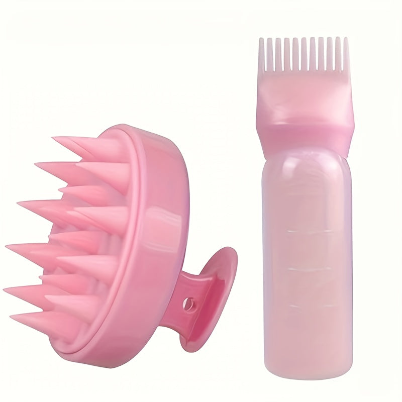 Hair care set includes scalp massage brush, root comb, hair dye bottle, and hair oil bottle. Made for all hair types with ABS plastic and silicone materials. Great for both ordinary and