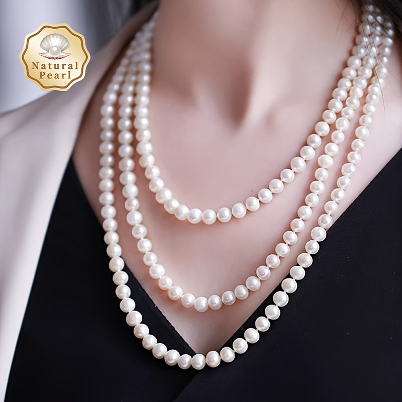 MUFAN Vintage Luxury Style Multi-Layer Freshwater Pearl Necklace - Elegant and Perfect for Bridal & Party Wear, Featuring 6-8mm Beads and a 1.6m Length, Designed for Women