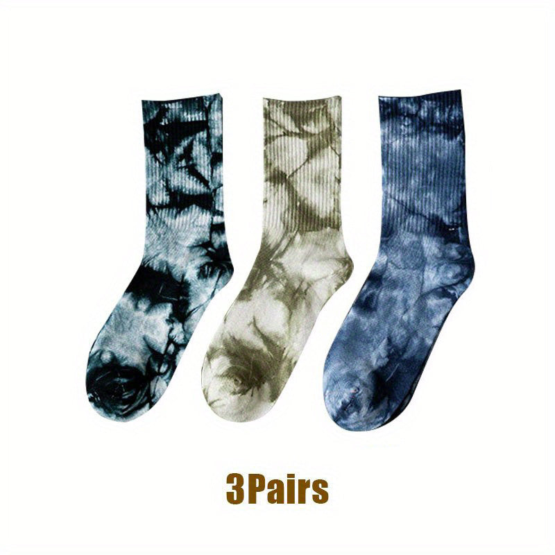 Three pairs of tie dyed men's socks with a trendy design, suitable for street skateboarding and hip-hop style, great for couples or sports.