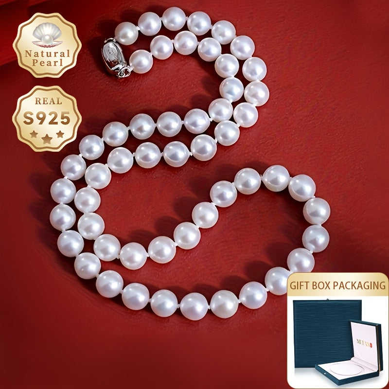 Elegant MUFAN Vintage Luxury Pearl Necklace with 9-10mm Natural Freshwater Pearls and S925 Sterling Silver, Perfect for June Birthdays and Special Occasions, Non-Plated Design, Comes in a Beautiful Jewelry Gift Box