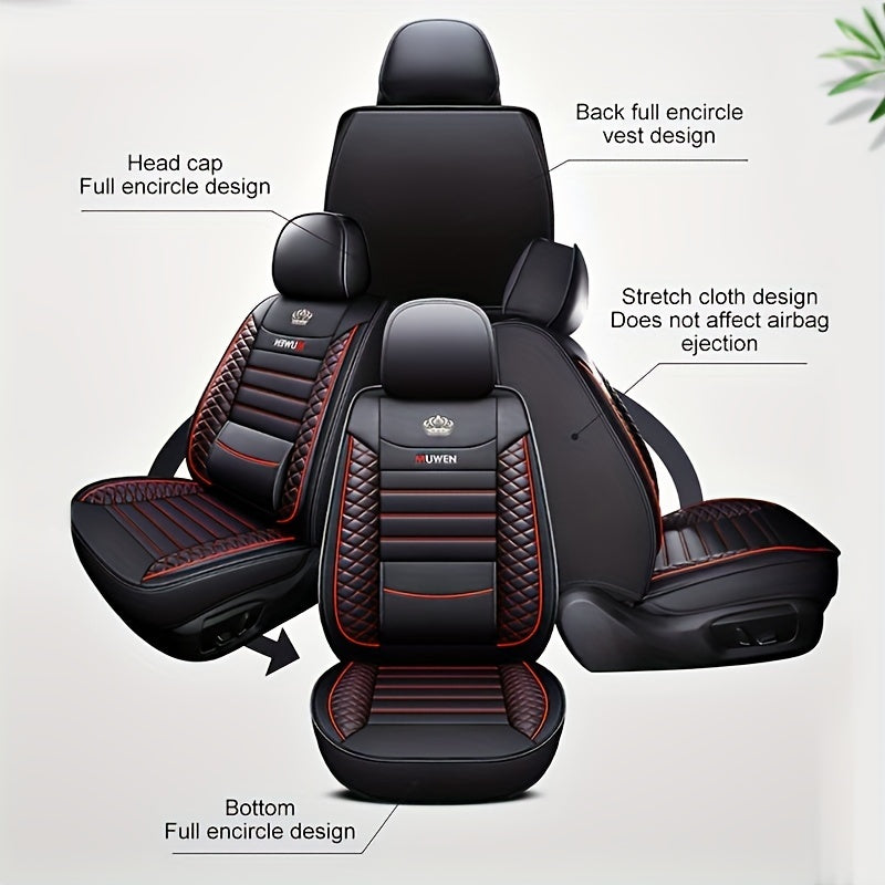 All-season faux leather car seat cushion cover with fixed lumbar support for universal front single seat fit.