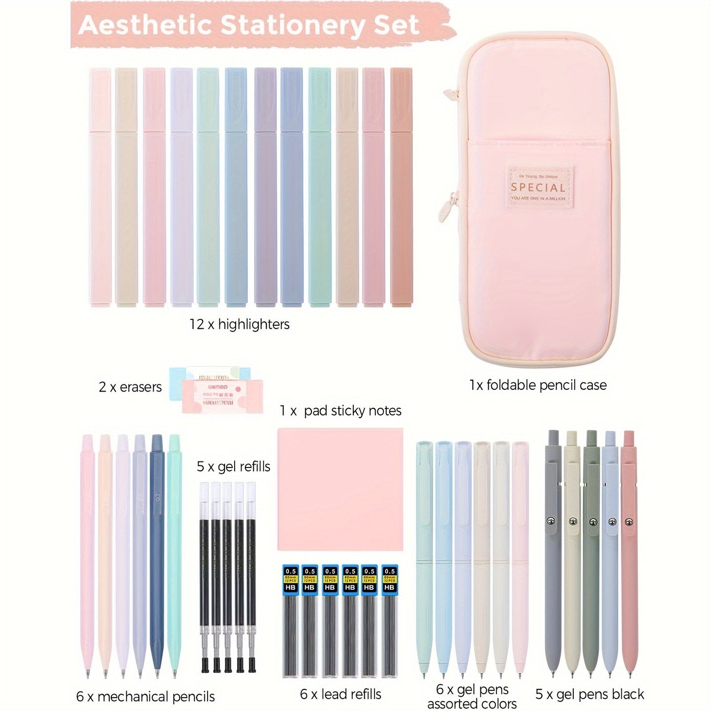 44-Piece Aesthetic Stationery Set with Large Pencil Case, Highlighters, Gel Rollerball Pens, Mechanical Pencils, Sticky Notes, Erasers, and Refills - Ideal Back to School Gift Kit