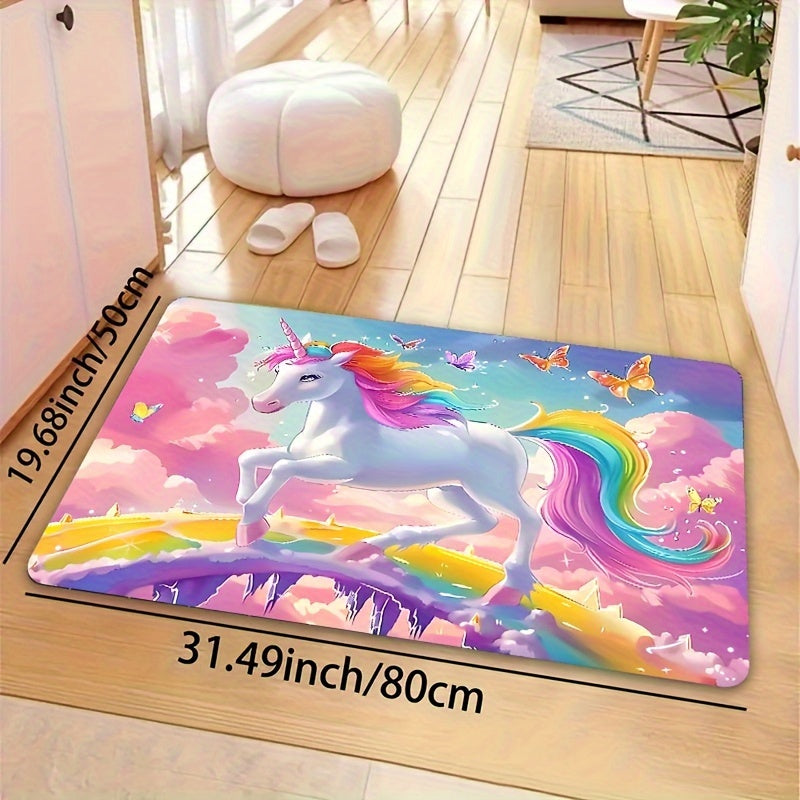 Add a touch of whimsy to your space with the Whimsy Woods Unicorn Area Mat. Made from durable 8mm thick polyester, this cartoon fantasy horse mat is perfect for the bedroom, living room, or entryway. It is machine washable and features a cute unicorn