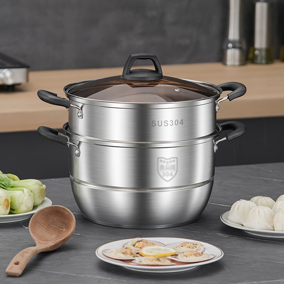 Versatile Stainless Steel Kitchen Set: Features a Stockpot and Steamer with Comfortable Silicone Handles