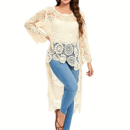 Women's Elegant Crochet Floral Cover-Up with Bohemian Style, Long Sleeve, Round Neck, High-Low Hem Beach Tunic for Swimwear and Resort Wear.