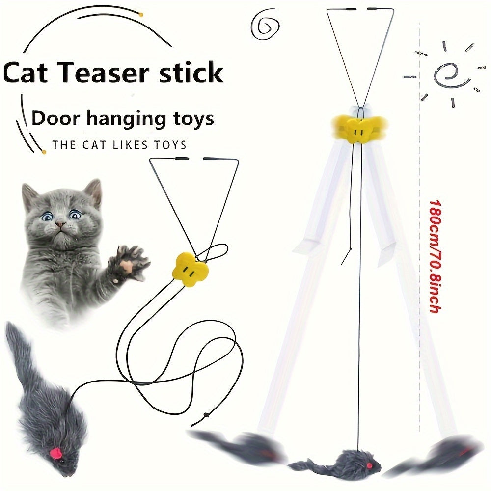 Adjustable hanging plush cat teaser toy with interactive design, suitable for all breeds and battery-free.