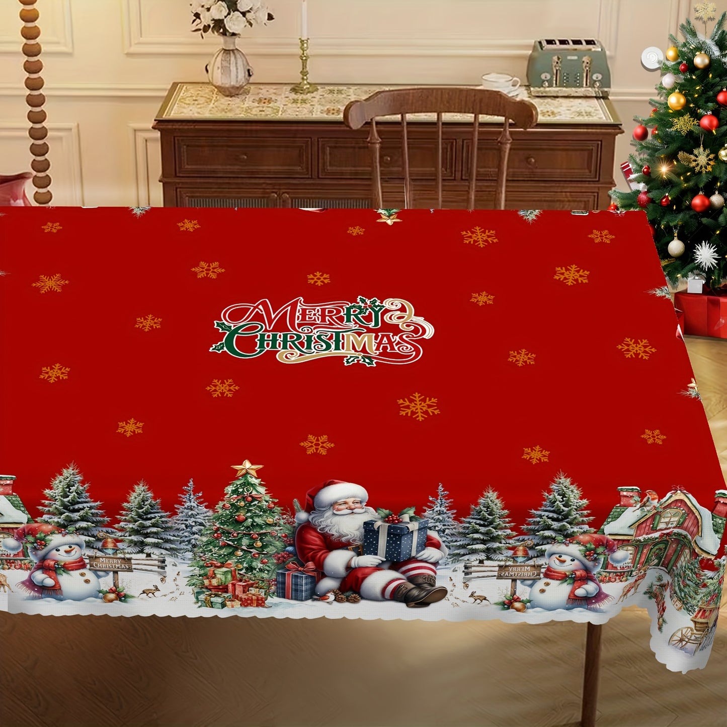 Get into the holiday spirit with our Christmas and New Year tablecloth featuring Santa Claus, Snowman, and Christmas Tree patterns. Made of durable polyester with edge embossed craft, available in 4 sizes for both round and rectangular tables. Perfect