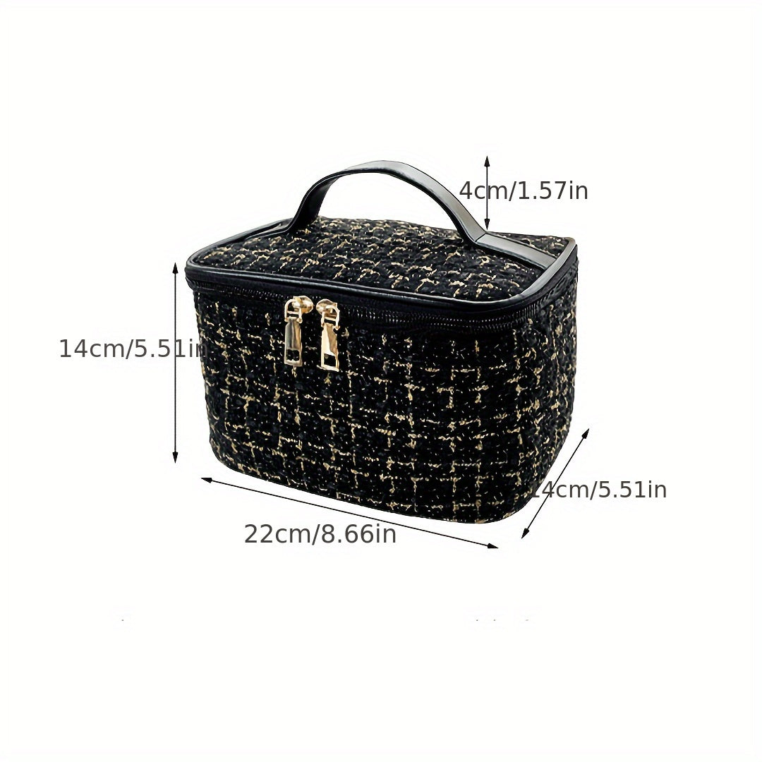 Stylish plaid cosmetic bag with dual compartments in multiple colors, made of polyester, can be hand washed or dry cleaned for travel toiletries.