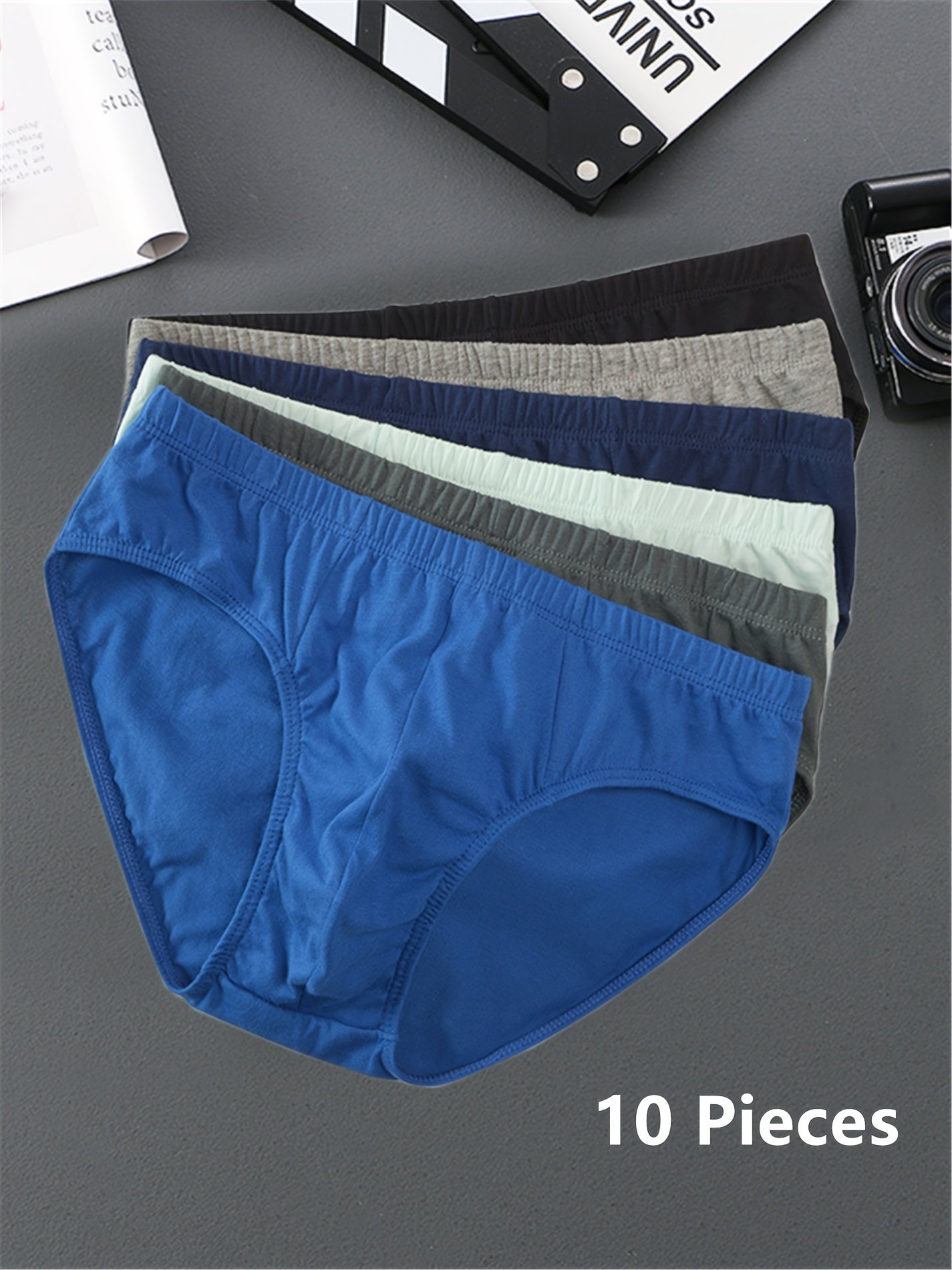 10 Men's cotton boxer briefs with solid color, breathable mid-rise comfort fit, made of 100% cotton knit fabric with medium stretch.