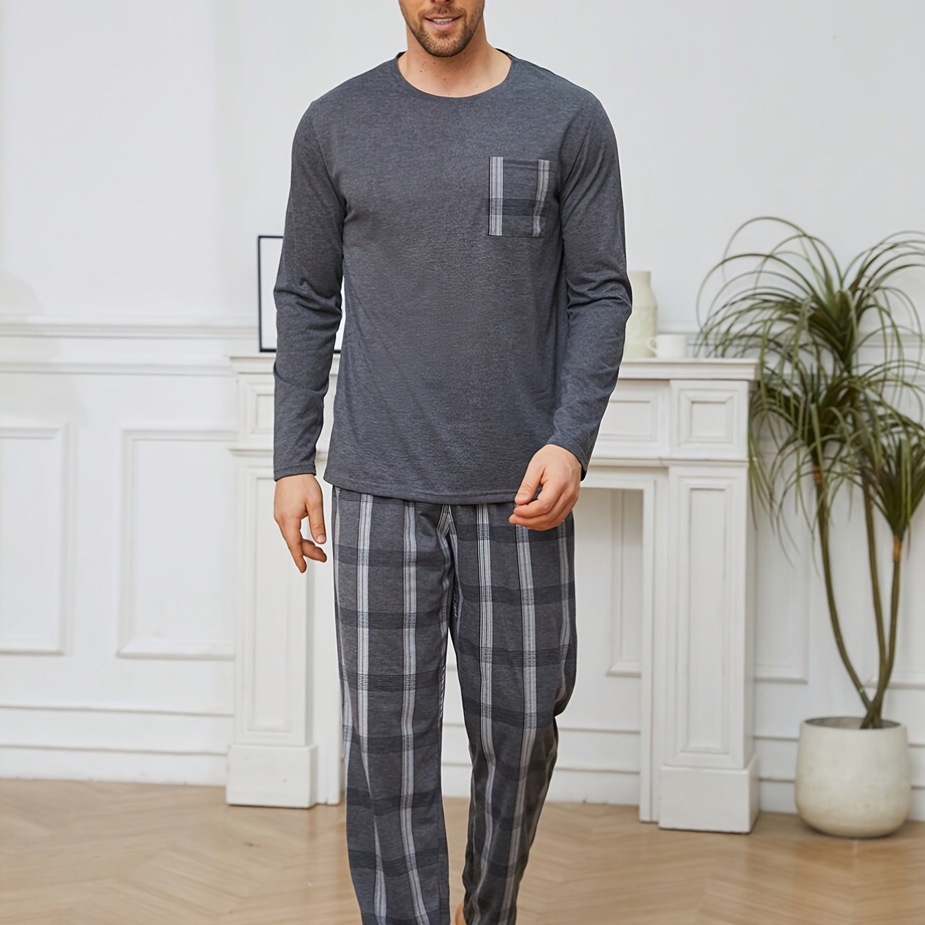 Men's dark gray plaid pajama set with pockets - includes long sleeve round neck top and pants. Made of polyester blend and machine washable.