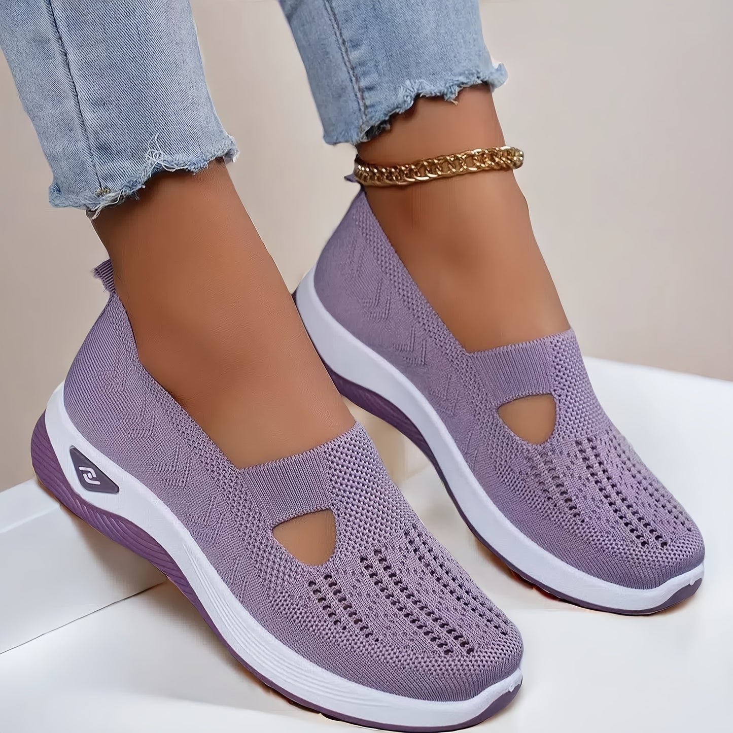 Women's lightweight knitted sneakers with PVC sole, fabric insole and upper, all-season wear, slip-on closure, machine washable.