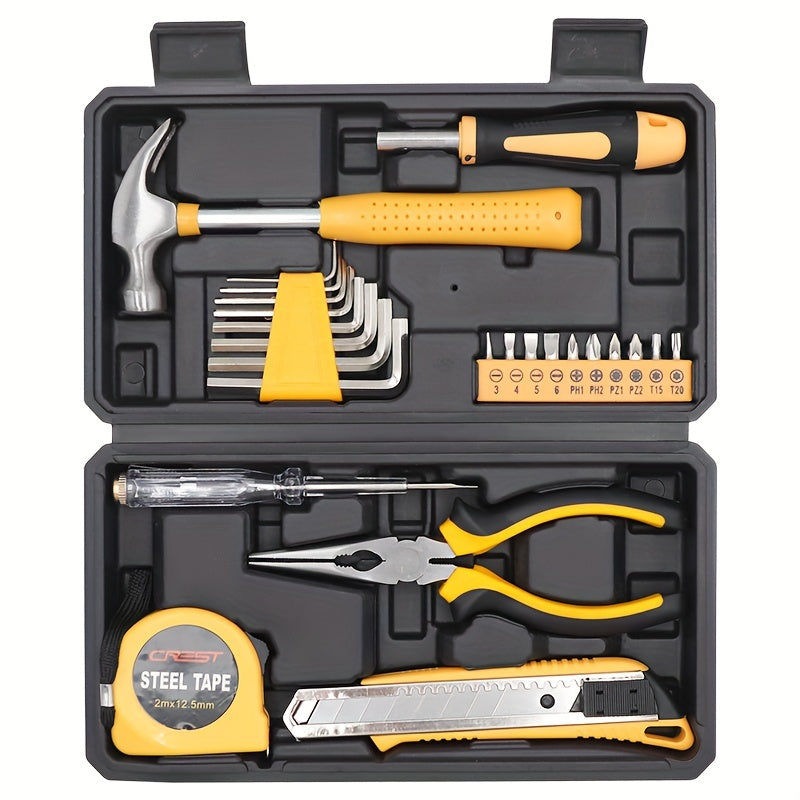 25/26 piece General Household Hand Tool Kit Set for DIY projects and home repairs. Includes plastic toolbox storage case in yellow color.