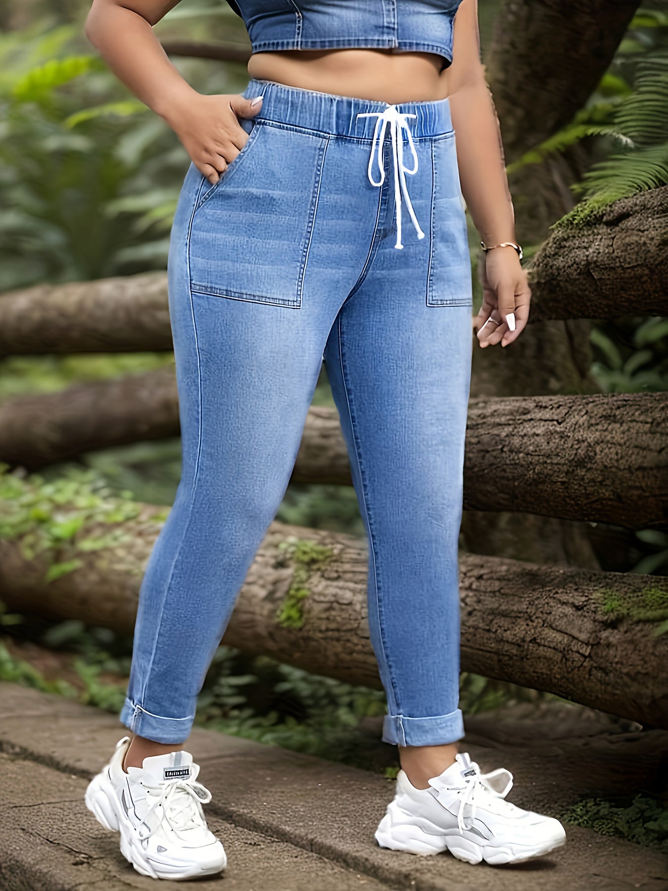 Women's plus size washed elastic drawstring high rise jeans