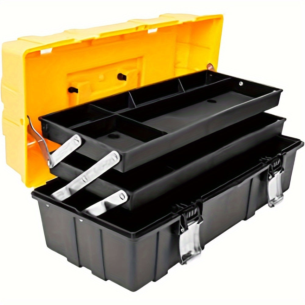 21-Inch 3-Tier Plastic Tool Box Organizer with Metal Handles, Waterproof Design, Black/Yellow - Essential for Home and Garage Organization.