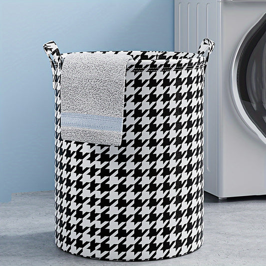 Round Houndstooth Fabric Laundry Basket featuring Leather Handles, Perfect for Storing Clothes & Toys. Can be Folded for Easy Storage. Versatile and Minimalist Design ideal for Home, Kitchen, or Bedroom.