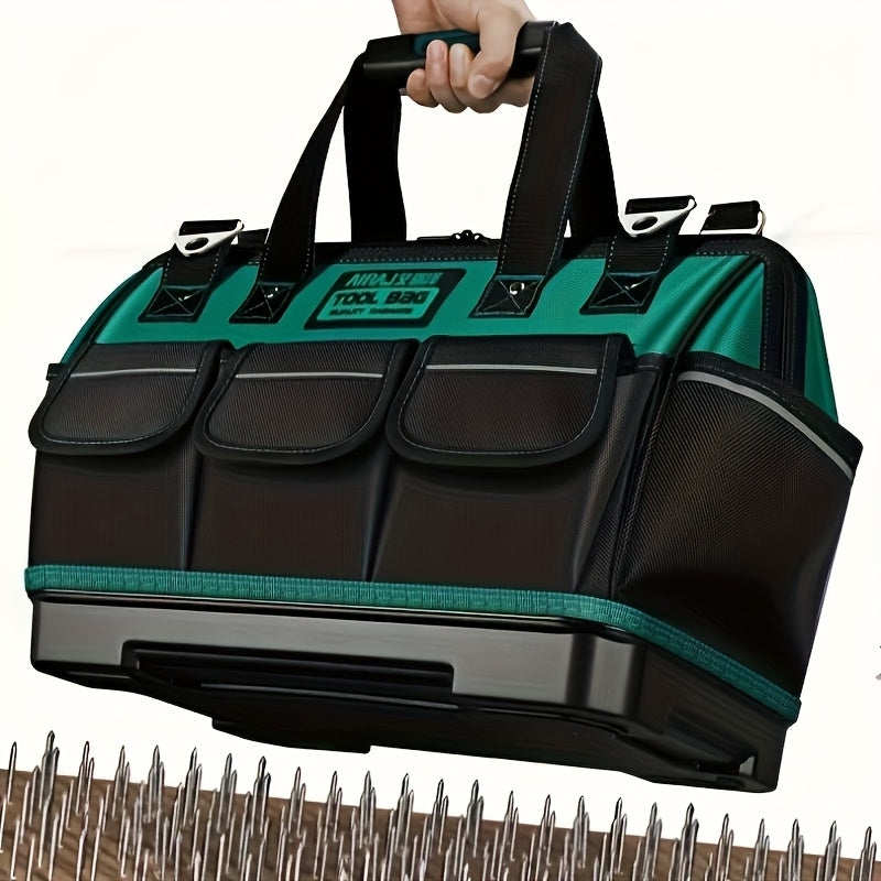 Waterproof tool bag with reflective strips, thick canvas, green, no printing.