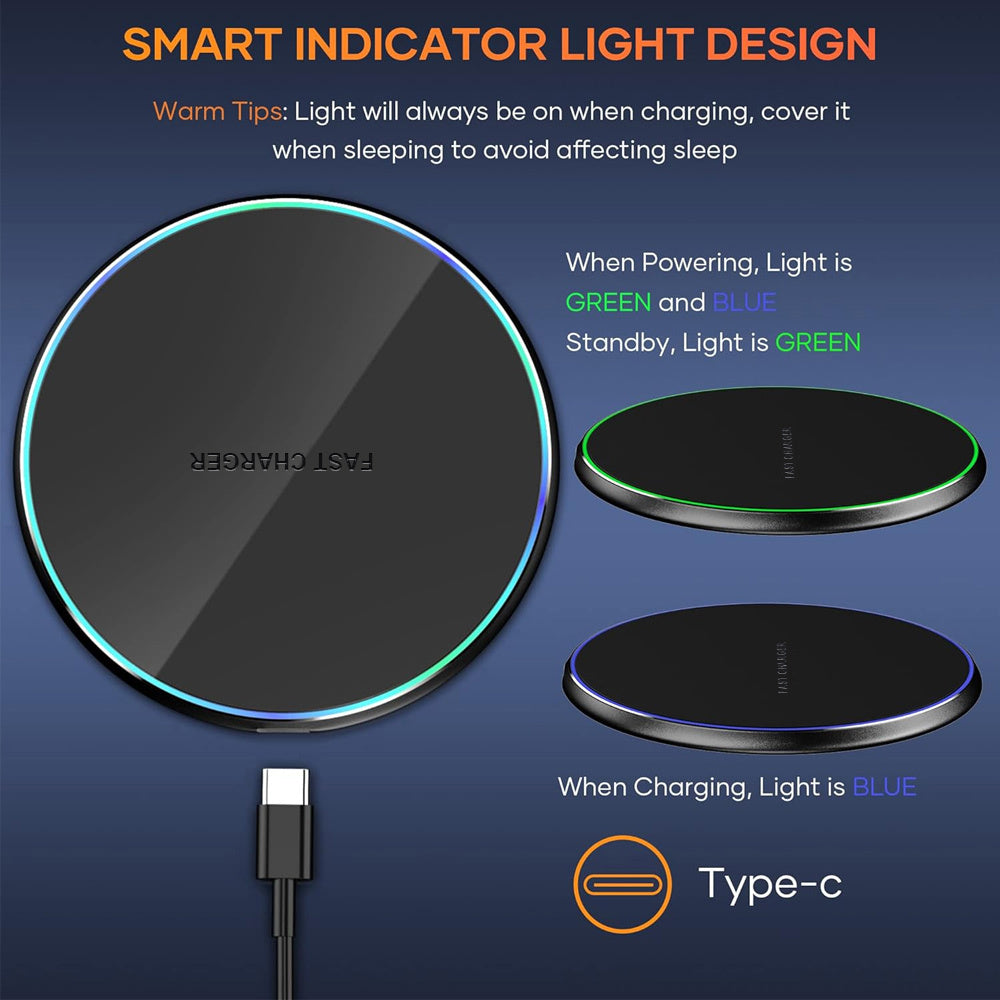 Wireless charging pad with USB-C, LED indicator for mobile phones.