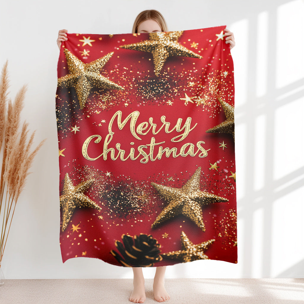 Festive Christmas Flannel Throw Blanket with Golden Stars & Red Background - Lightweight, Soft Plush Comfort for Sofa, Home Leisure, Office Nap, Camping, Car Travel - Multi-Use, Washable, Durable - Contemporary Style, All-Season Polyester Fabric