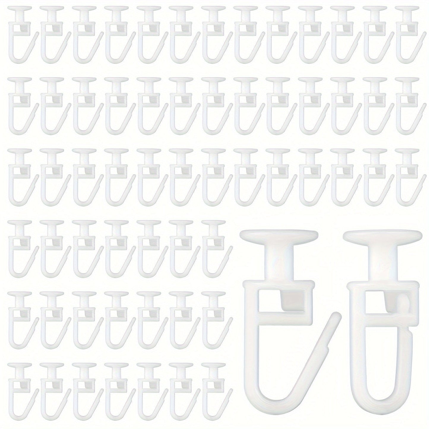 Set of 50 Art Deco Style Plastic Curtain Track Hooks in White Finish, Includes Easy-to-Use Lockable Foldable Gliders for Slide Rails, Compatible with 10mm Head Ceiling Curtain Tracks.