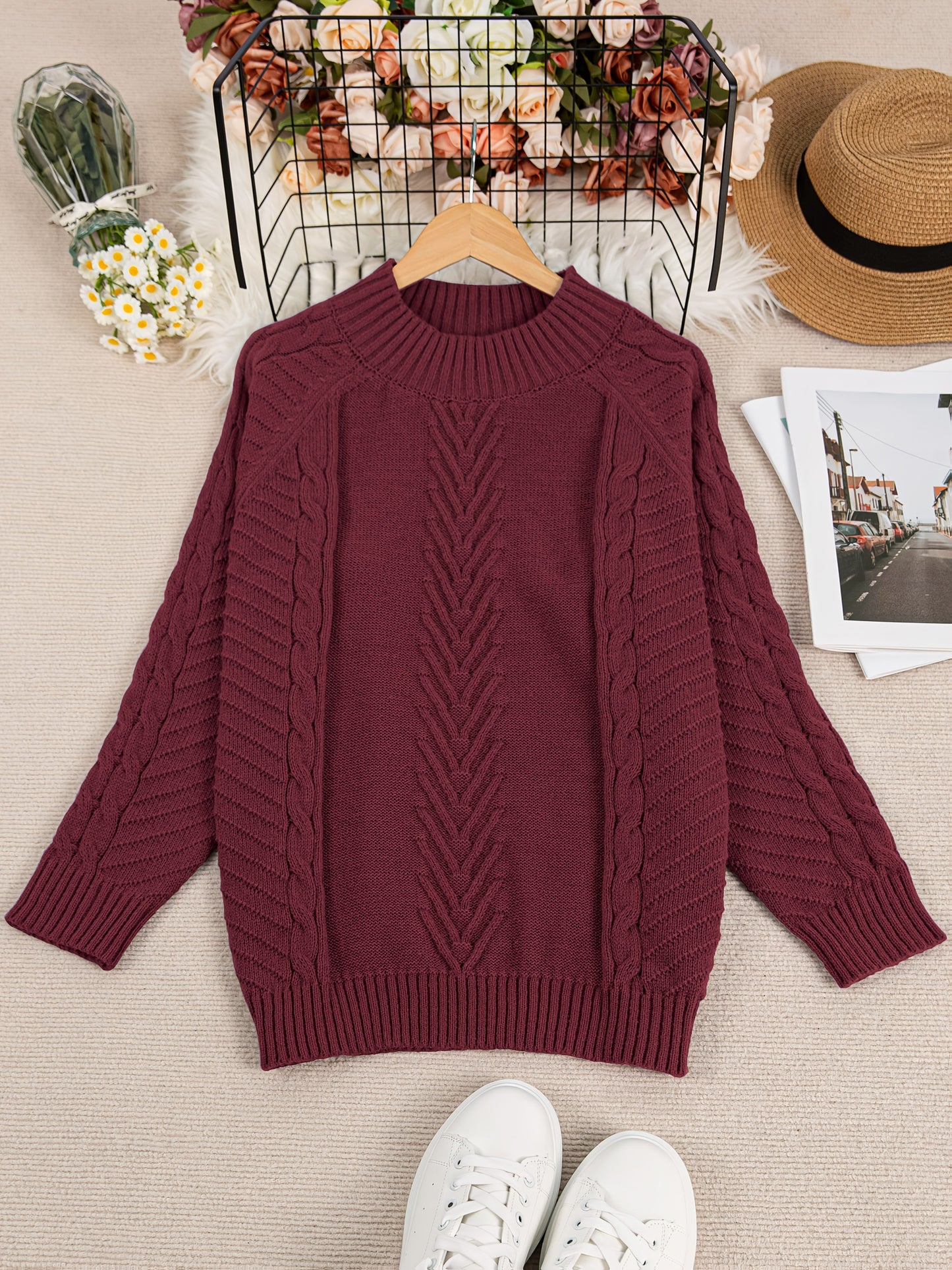 Large round neck long sleeve knitted pullover