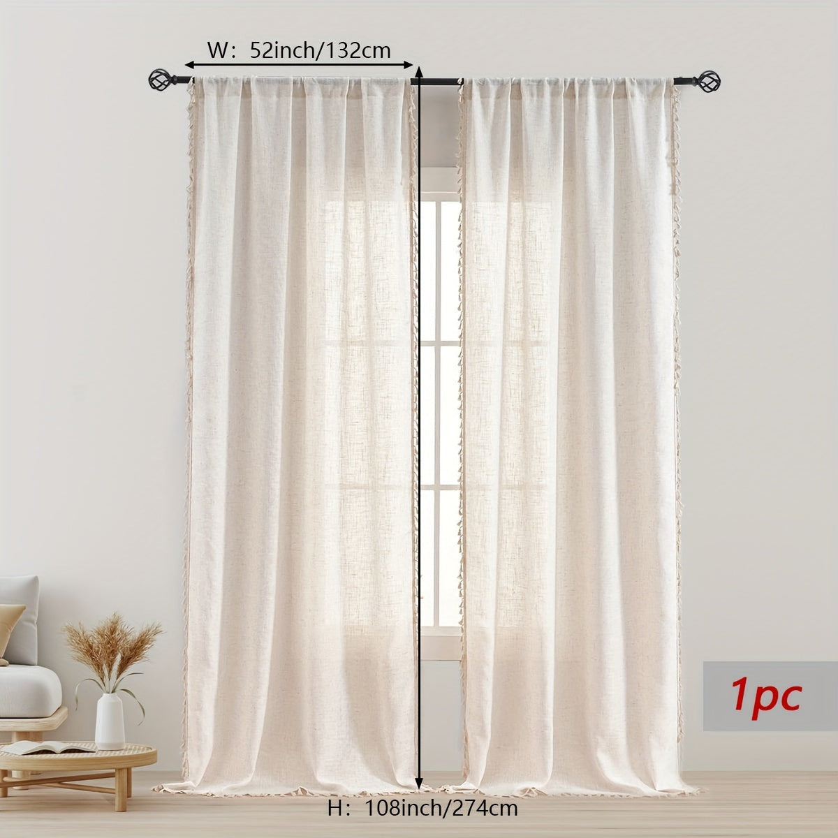 Single Bohemian Lace Curtain with Rod Design, Crafted from Solid Color Linen for Both Light and Privacy, Comes in Natural Wood Color, Sold Individually.