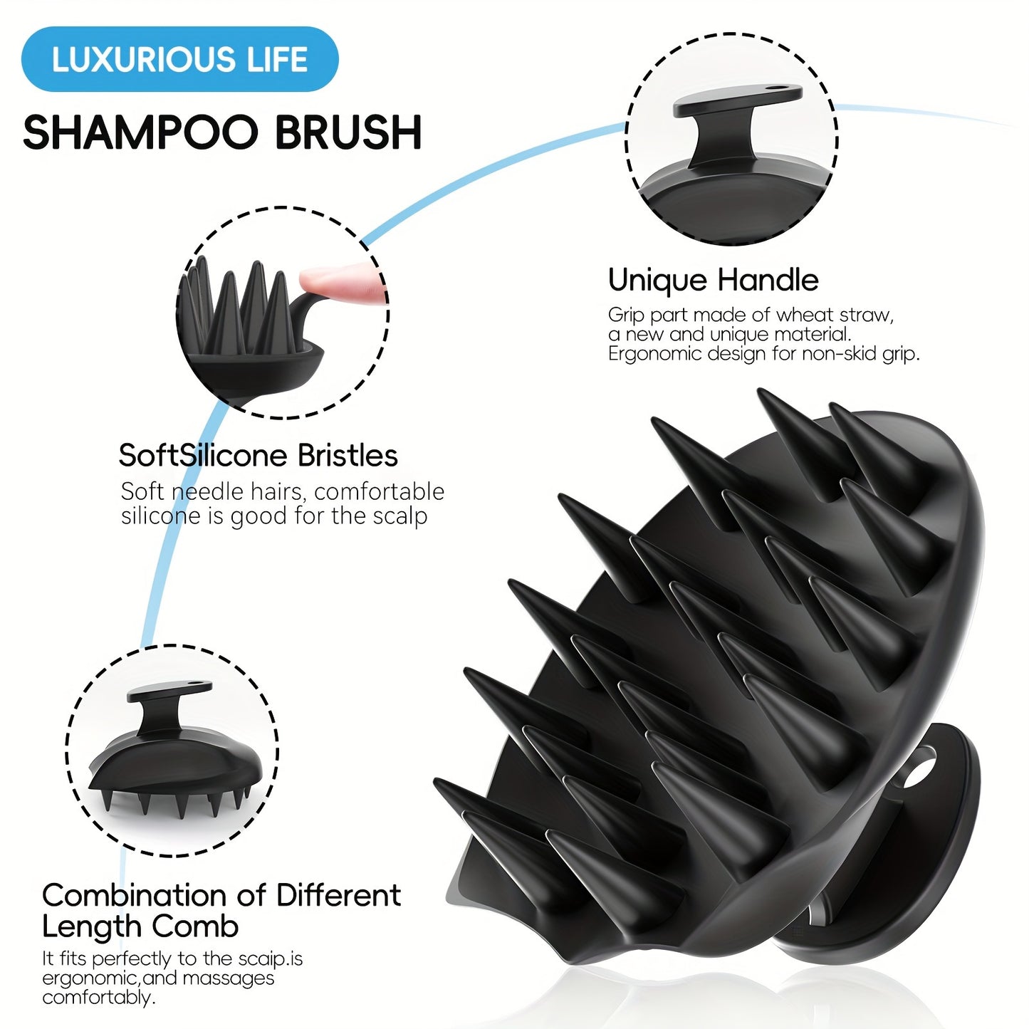 4-piece silicone bath & shower brush set with dual-sided long handle for back, face, and scalp massage. Gentle exfoliating body scrubber with soft bristles and non-slip grip for deep