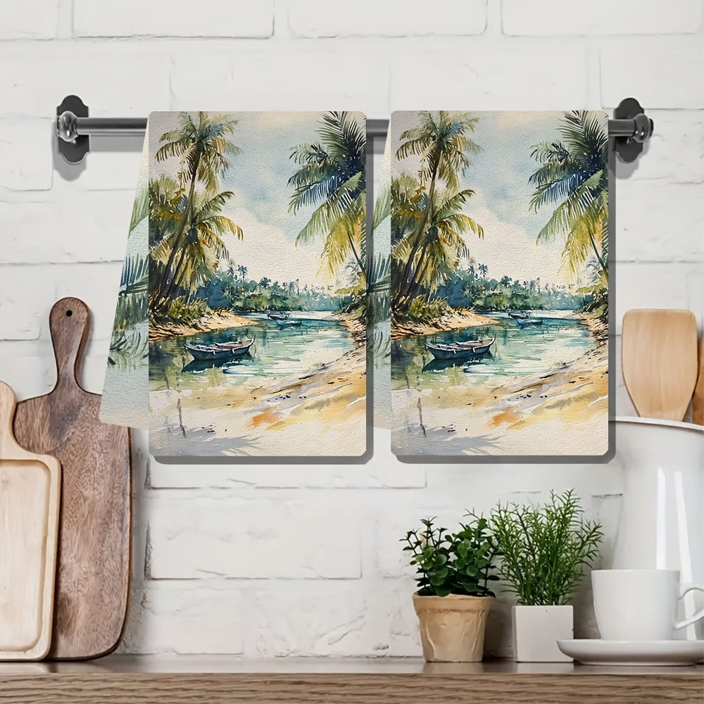 Two pieces of Tropical Lagoon Kitchen Towels made from super absorbent polyester knit fabric. Machine washable with a contemporary coastal style. Each towel measures 40.64x60.96 cm. Item number: 2KYSYS1218413.