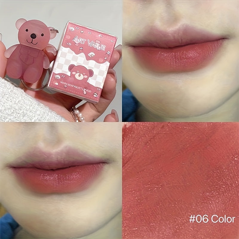 Six-color Bear Lip Glaze in Red Series for Couples and Girlfriend, moisturizing matte formula that is waterproof, long-lasting, easy to apply, and non-fading.