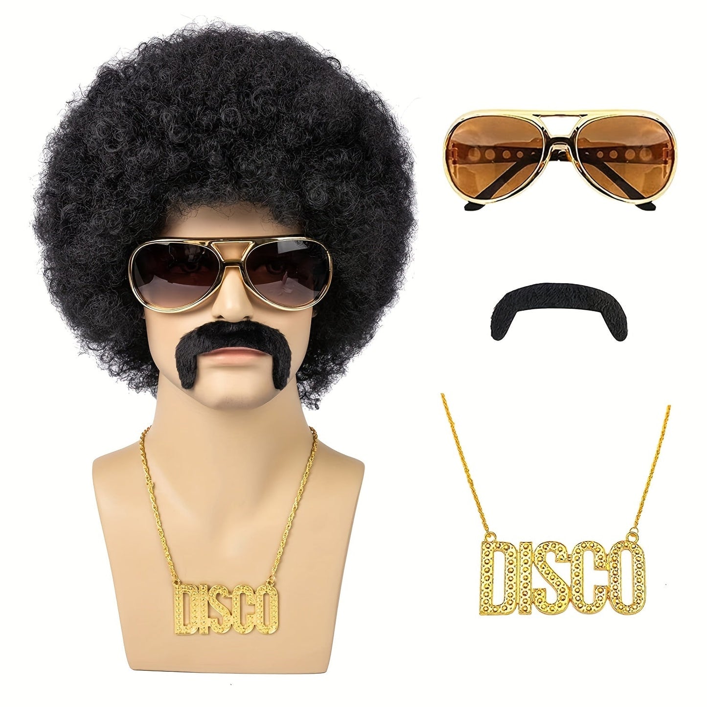 This 70s-themed men's 5-piece set includes a natural short black curly synthetic hair wig, glasses, necklace, beard, and wig cap. Perfect for Christmas parties or role-playing events, this set is great for gifting.