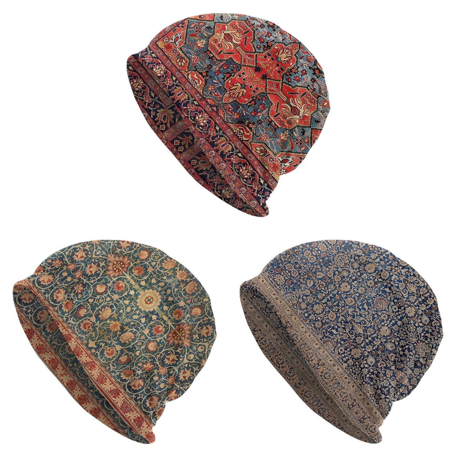 Beanie Inspired by Antique Tabriz Persian Rug, Boho-Chic Style - Soft, Stretchy Skull Cap for Men & Women, Machine Washable with Floral Print