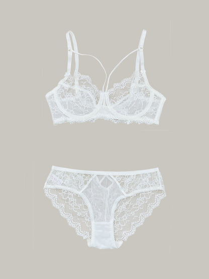 Solid floral lace lingerie set with strappy design for women.