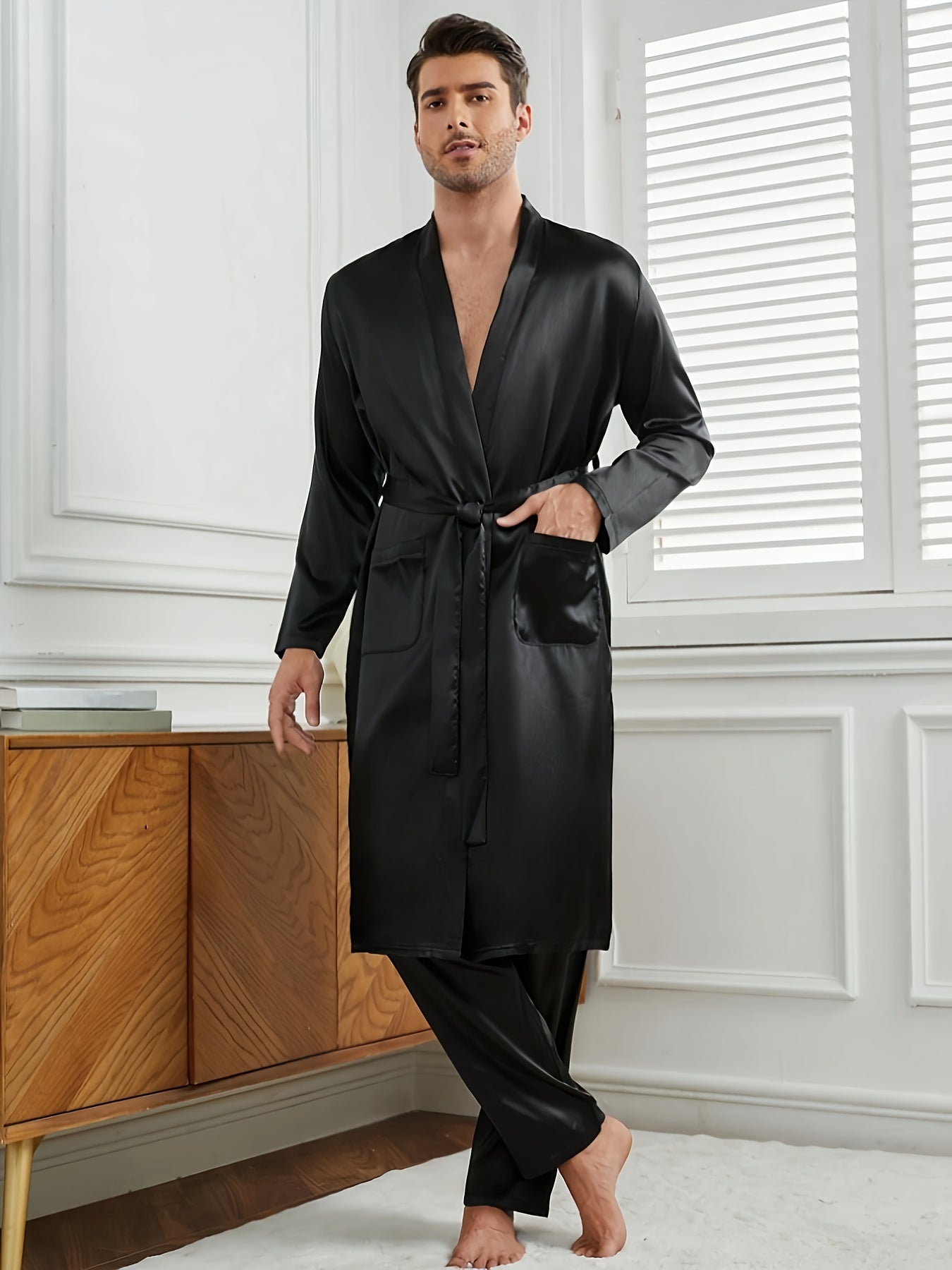 Solid color men's robe set with belt, V-neck, long sleeves, made of 95% polyester and 5% elastane. Features non-stretch woven fabric and pockets. Suitable for spring, summer, and fall.